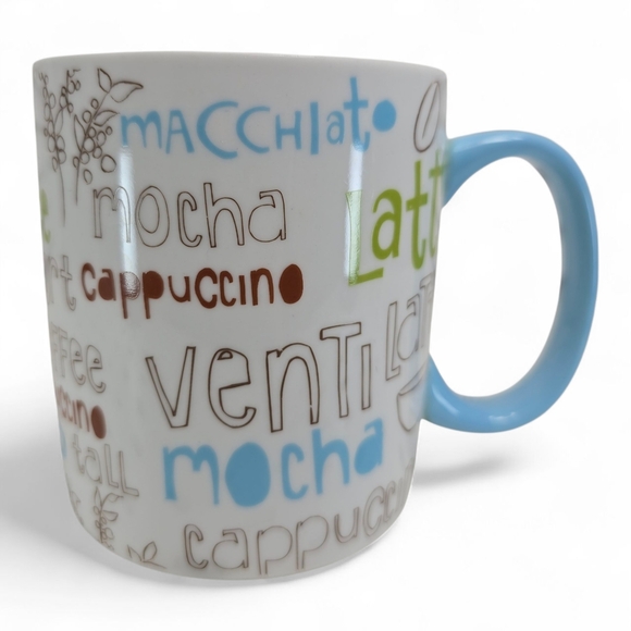 STARBUCKS Coffee Mug 16oz 2007 Blue Handle Retro Typography Y2K Café Collectors - Picture 1 of 8